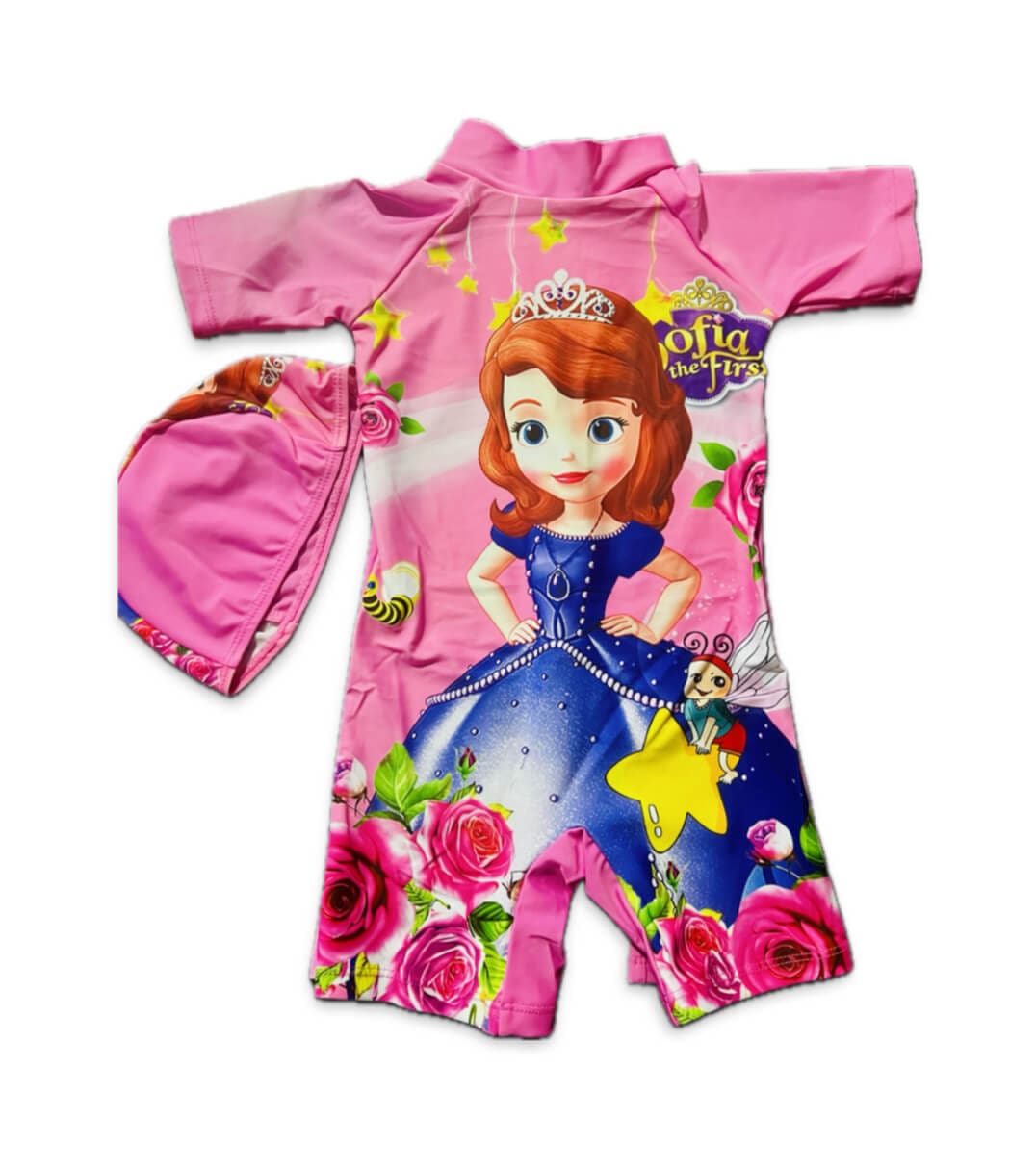 1758574629_1734852408_1730038923_1717570933_IMG_2661.jpg Pink Princess printed swimwear with cap with sleev - Image 1