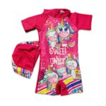 Pink Unicorn printed Girls with sleeve swim wear with cap