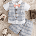 Baby Boy Checkered Colorblock Bow Decoration 2 In 1 Shirt And Shorts Gentleman Outfit