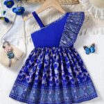 Baby Girls' Vintage Style Golden Flower Printed Blue Asymmetrical Shoulder Strap Sleeveless Pleated Dress For Spring/Summer