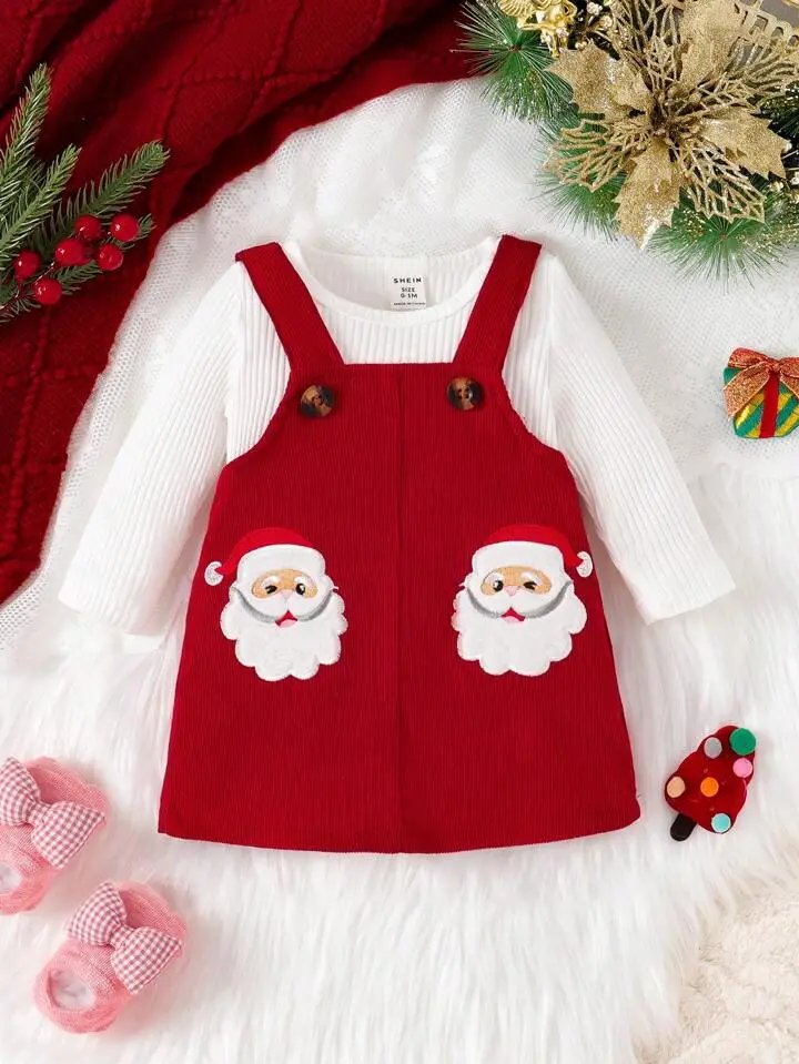 1758574658_1734890903_1734852476_1733720686_17234348375a8a4724977675e8336df660a885da13_thumbnail_720x.jpg 2pcs Baby Girls Santa Claus Patch Overall Jumpsuit + Solid Crew Neck Long Sleeve Top Set, For Christmas - Image 1