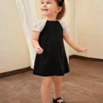 Baby Girl Lovely And Elegant Colorblock Lace Off-Shoulder Short Sleeve Dress With Detachable Bowknot Suitable For Summer