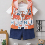 3pcs/Set Baby Boy's Fashionable Letter & Car Printed Vest, Short Sleeve T-Shirt, Washed Denim Shorts Outfit For Spring/Summer