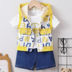 3pcs/Set Spring/Summer Baby Boy Outfits, Including Yellow Printed Vest, Cute Car Printed Short Sleeve T-Shirt, & Washed Denim Shorts, Stylish Set