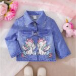 1pc Baby Girls Casual Denim Print Jacket With Cartoon Pattern, Suitable For Outdoor, Party, Leisure