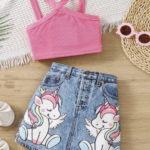 Young Girl Solid Color Vest & Unicorn Graphic Denim Print Skirt Set