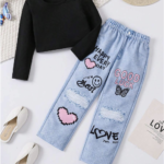 Young Girl And Young Girl 2pcs/Set Casual Street Chic Short Crop Sweatshirt + Graffiti Print Straight Pants, For Outdoor/Casual Wear In Autumn/Winter