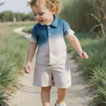 2pcs/Set Baby/Toddler Ombre Polo Collar Short Sleeve Cardigan & Elastic Waist Shorts Set
