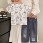 2pcs Toddler Infant Baby Boys Sets, Cute Lion Allover Print Round Neck Short Sleeve T-Shirt & Casual Denim Effect Print Elastic Waist Pants Outfit, Suitable For Daily Wear, School, Travel, Sp