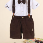 Brown Corduroy Suspender set / birthday outfit/ shirt and short with suspender and bow / 4pcs