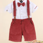 Red Corduroy Suspender set / birthday outfit/ shirt and short with suspender and bow / 4pcs