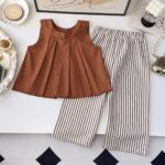 Girls sunny brown striped and casual/comfort dress top and pant (2pcs)