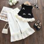 Girls elegant black and white ruffle outfit top and pant (2pcs)