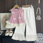 Girls elegant pink and white ruffle outfit top and pant