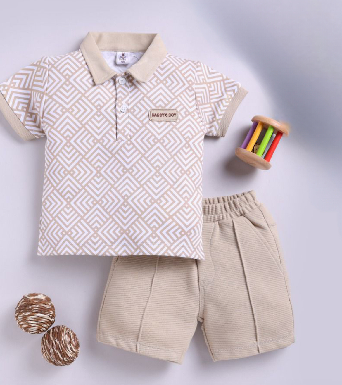 1758574892_1756803540_IMG_3234.jpg Kids trendy geometric T-shirt and short 2pcs (Baige) - Image 1