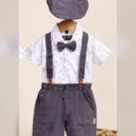 Wilderness wayfarer outfit / printed t-shirt with short and suspender with bow & cap 5pcs (Grey)