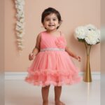 peach  one -shoulder flower party frock with diamond belt