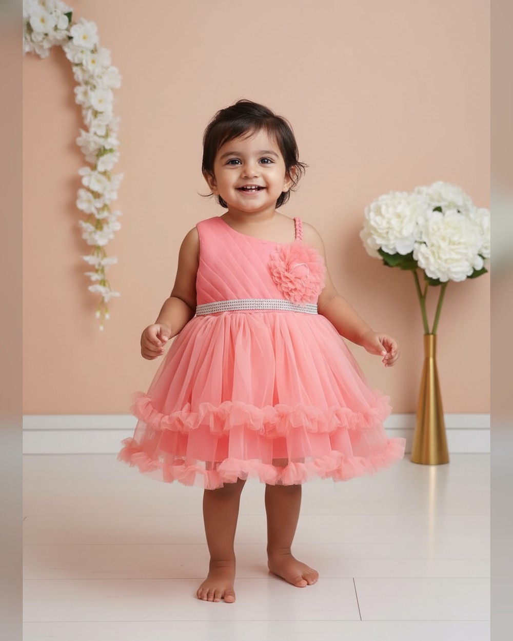 1764587790_gemini-edit-1764572317997.jpg peach one -shoulder flower party frock with diamond belt - Image 1