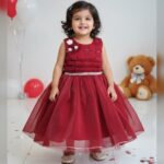 Wine red rose applique party frock with diamond belt
