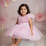 Peach pink glitter ruffle party frock with pearl flowers
