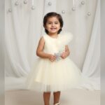 lemon yellow  glitter ruffle party frock with pearl flowers