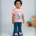 The Elephant printed t-shirt with denim set /2pcs  (dark pink )