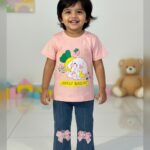 Cute baby girls Lovely Rabbit printed t-shirt with denim 2pcs ( peach pink )