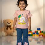 Cute baby girls Lovely Rabbit printed t-shirt with denim 2pcs ( dark pink )