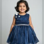 Royal navy blue rose applique party frock with diamond belt