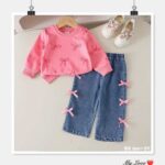 Girls Pink top and Denim pants bow design