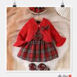 Red Bow Knit Top & Plaid Skirt Set