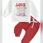 White & Maroon Love Print Baby Sweatshirt and Jogger Set