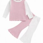 Blush Pink & White Ribbed Baby Top and Flared Pants Set