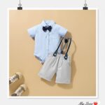 Light Blue Shirt & Navy Blue Bow Suspender Shorts Baby Set