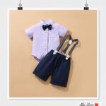 Lavender Shirt & Navy Bow Suspender Shorts Baby Set
