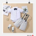 White Bow Shirt & Suspender Shorts Baby Set