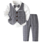 2pcs Boys Casual Suit Set, Including Striped Vest And Matching Suit Pants, Black And White Color Clash Gives A Refreshing Look, Accented With Amber-Color Double-Breasted Buttons On The Vest,