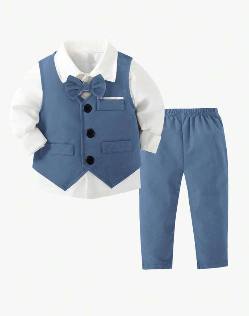1772866359_photo-retouch.png Baby Boy 2pcs Gentleman Outfit - Twill Vest And Trousers, Fashion Formal Suit For Birthday Party, Wedding, Performance - Image 1