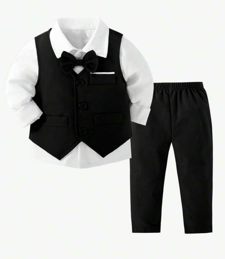 1772867039_photo-retouch.png 2pcs Baby Boy Suit Set: Plain Waistcoat And Trousers, Elegant Style Suitable For Birthday Party, Evening Party, Performance, Wedding - Image 1