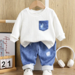 2pcs/Set Baby Boy & Baby Girl Vintage English Style Knit Padded Sweatshirt And Jeans-Style Pants Outfit,