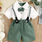 Baby Boy Bow Front Shirt & Suspender Shorts Green