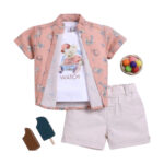 Baby Boys Floral Shirt With Short Teddy Graphic Kit 2pcs ( Orange)