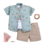 Baby Boys Floral Shirt With Short Teddy Graphic Kit 2pcs (Green)