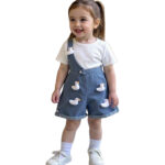 Playful Pals 2pcs Baby Girl Simple White T-Shirt + 3D Cartoon Duck Decor Strap Denim Shorts, Cute Versatile Comfortable Elastic Waist Rolled Hem Leg Design Summer Outfit Duck Toddler Cl