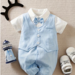 Summer Short-Sleeve Bodysuit, Pure Cotton Gentleman Style with Light Blue Bow Tie, Perfect for Outdoor