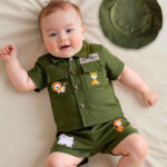 Toddler boy green wander vintage style animal print set