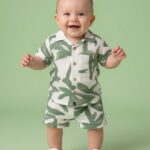 The stylish green and white palm tree printed shirt and short.