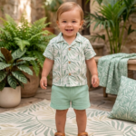 Coastal coral abstract outfit/shirt with short (Green)