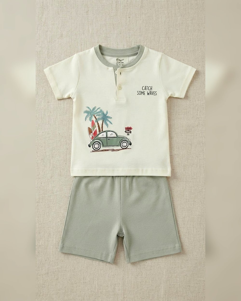 1788967313_4ead4a9e-a7a6-46b3-bd01-fe716a738187.jpg Unisex Light Cream Car Print T-Shirt & Shorts Set - Image 1