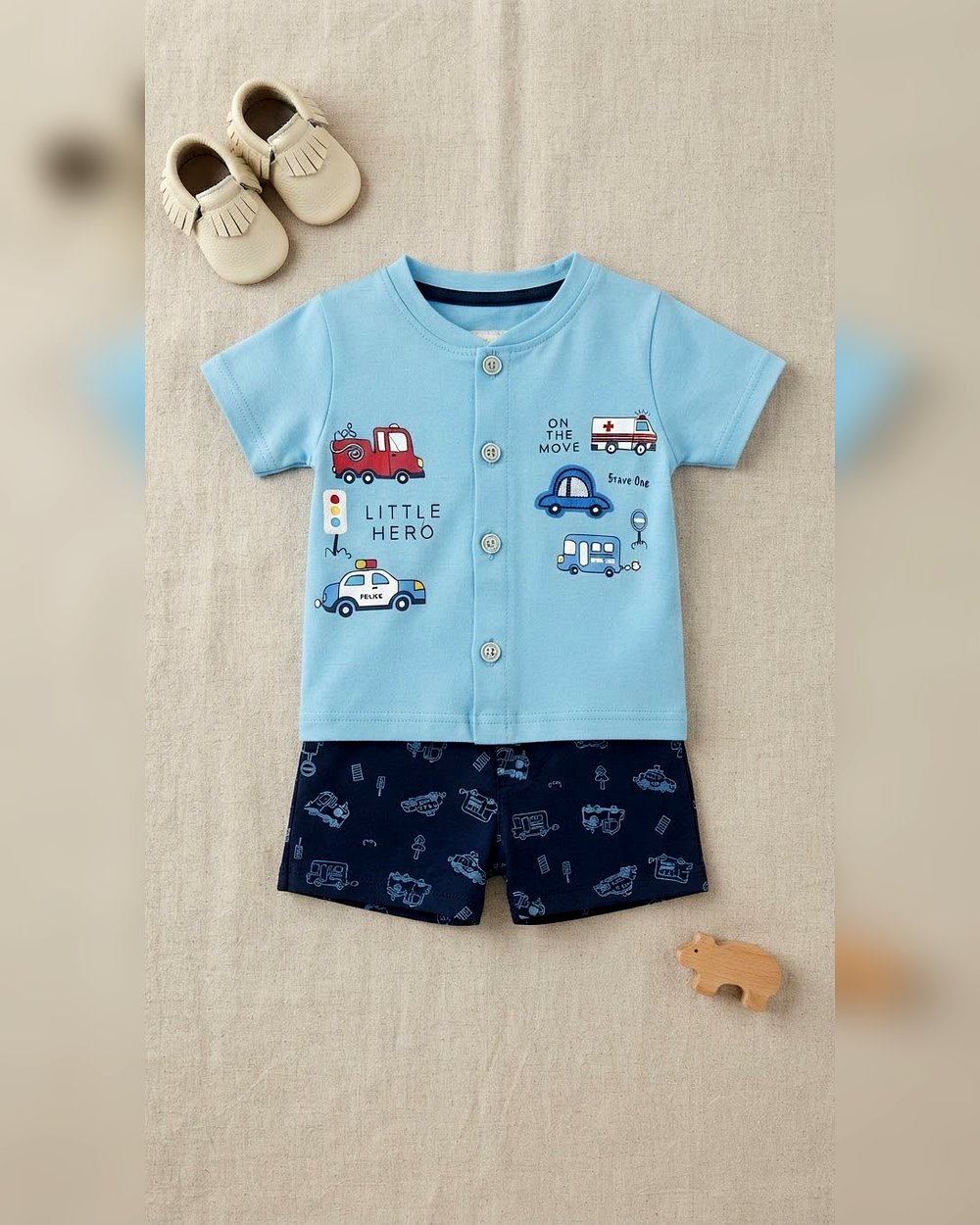 1788969086_860b9d0d-9352-41cb-8b2e-692d335f6c65.jpg Boys Light Blue Vehicle Print T-Shirt & Shorts Set - Image 1